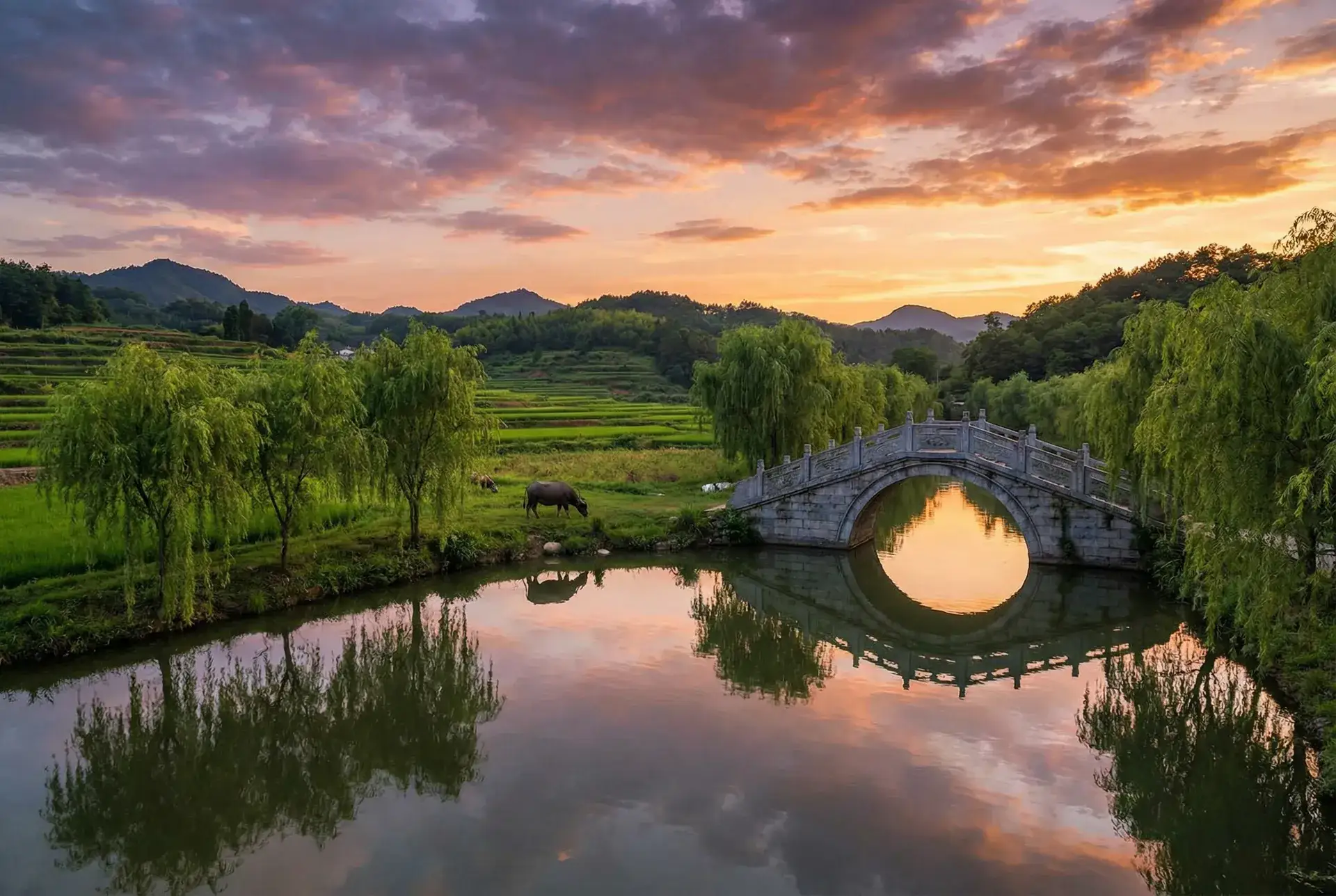 夕阳下的石拱桥与垂柳，水牛在河边吃草 - 麻生希种子下载 乡村美景